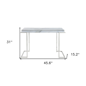 Homeroots 46" White And Silver Genuine Marble Sled Console Table   396886