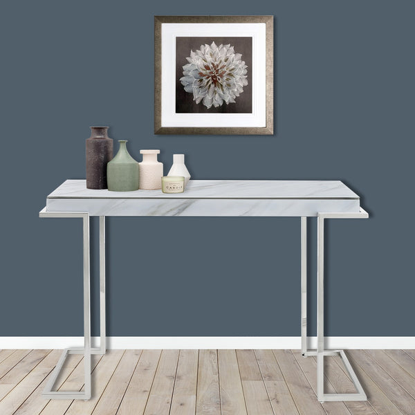 Homeroots 46" White And Silver Genuine Marble Sled Console Table   396886