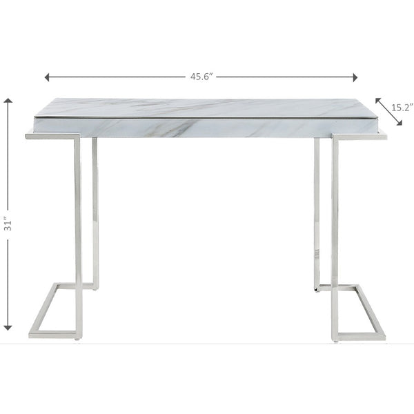 Homeroots 46" White And Silver Genuine Marble Sled Console Table   396886