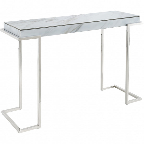Homeroots 46" White And Silver Genuine Marble Sled Console Table   396886