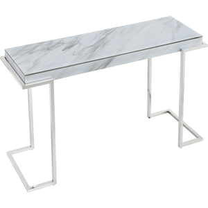 Homeroots 46" White And Silver Genuine Marble Sled Console Table   396886