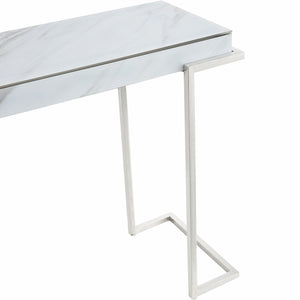 Homeroots 46" White And Silver Genuine Marble Sled Console Table   396886