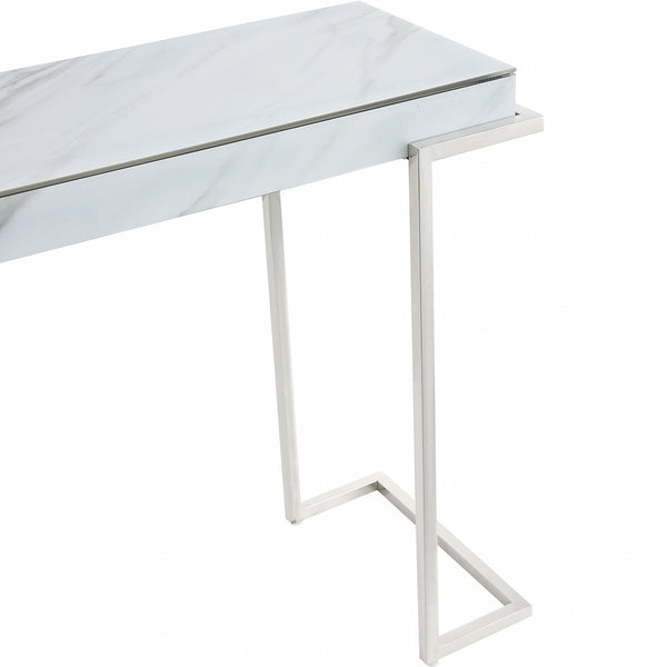 Homeroots 46" White And Silver Genuine Marble Sled Console Table   396886
