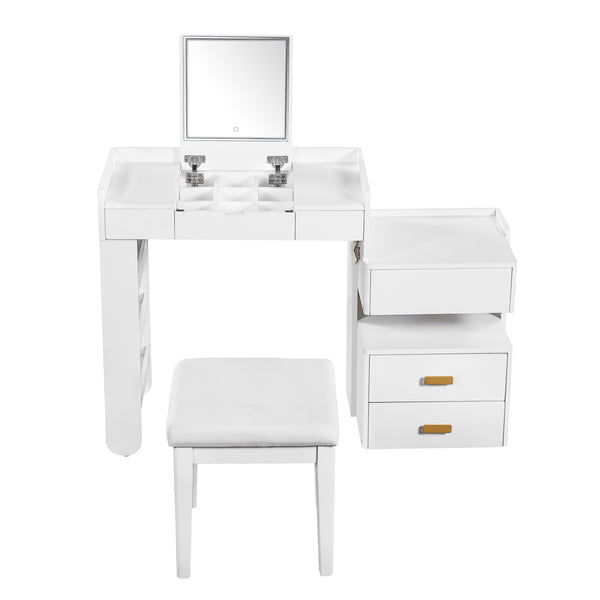 English Elm 3-in-1 Makeup Vanity Desk with Flip Mirror, LED 3-Color Lighting, Expandable Length & Ample Storage Drawers White N844P285298A