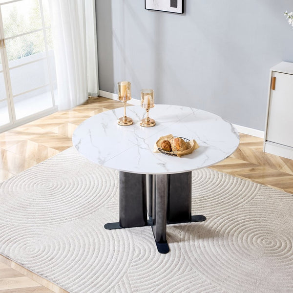 English Elm Round Mdf Dining Table with Gradient Cross Base Compact Modern Seating for Small Spaces White W3875S00028