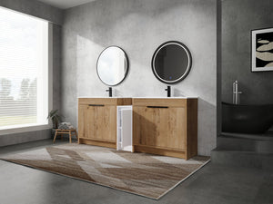 English Elm 84 Inch Freestanding Bathroom Vanity with Integrated Resin Sink, Soft-Close Doors, Shelves & Extra Storage Space Glossy White,Imitative Oak W999S00325