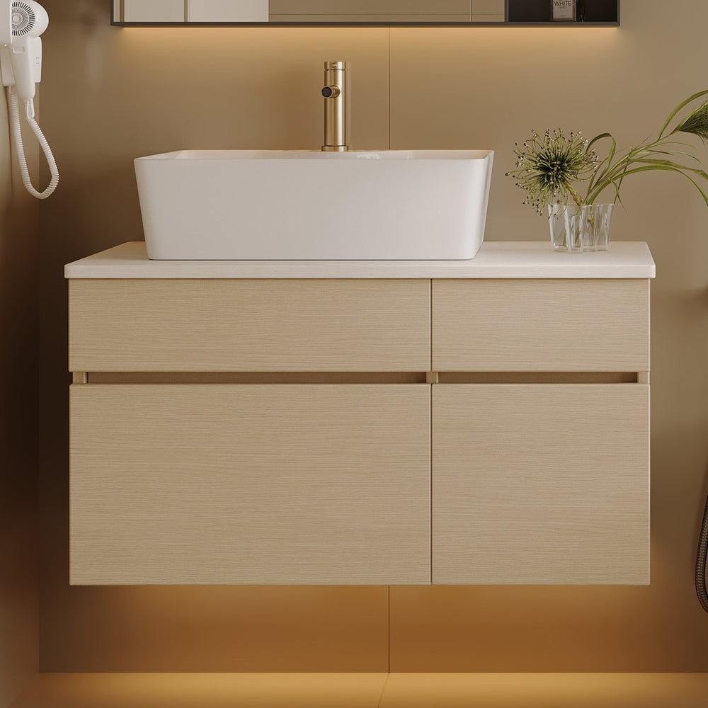 English Elm 31.5 Inch Wall Mounted Bathroom Vanity with Ceramic Vessel Sink and Soft Close Storage W3136S00079