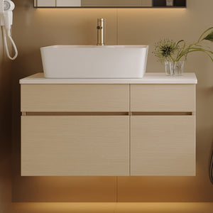 English Elm 31.5 Inch Wall Mounted Bathroom Vanity with Ceramic Vessel Sink and Soft Close Storage W3136S00079