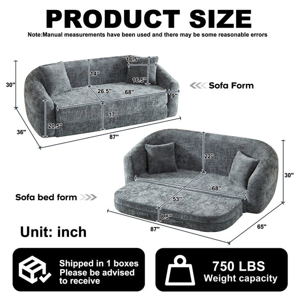 English Elm 87-inch Curved Chenille Convertible Sofa Recliner Bed with Pull-out Base for Living Room Grey W3505P452805