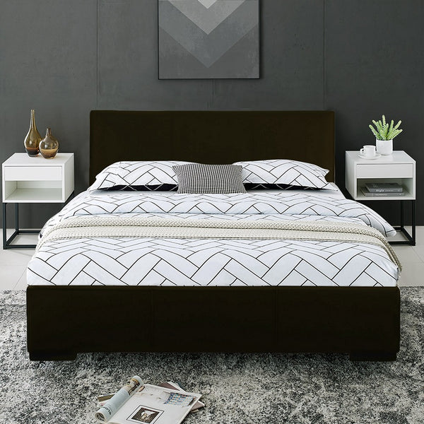 Homeroots Black Solid And Manufactured Wood Full Upholstered Faux Leather Bed Frame Black Wood 396990