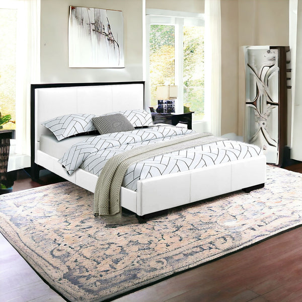 Homeroots White Wood And Faux Leather Queen Bed Frame White Solid Wood 396995