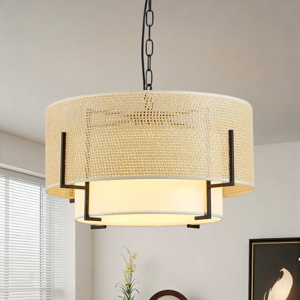 English Elm 19.7'' Handwoven Rattan Drum Chandelier 4-light Bohemian Pendant for Dining Room W1340P461531
