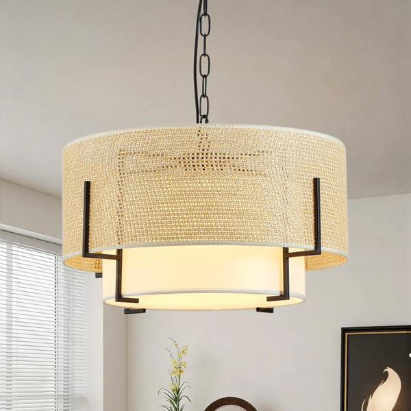 English Elm 19.7'' Handwoven Rattan Drum Chandelier 4-light Bohemian Pendant for Dining Room W1340P461531