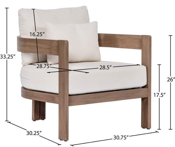 Meridian Furniture Newport Acacia Wood Outdoor Accent Chair with Durable Weather Resistant Cushion for Patio Use Cream 396Cream-C