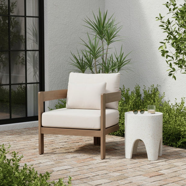 Meridian Furniture Newport Acacia Wood Outdoor Accent Chair with Durable Weather Resistant Cushion for Patio Use Cream 396Cream-C