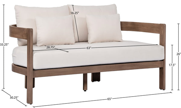 Meridian Furniture Newport Outdoor Loveseat Solid Acacia Wood Frame with Weather Resistant Fabric Cushion Seating Cream 396Cream-L