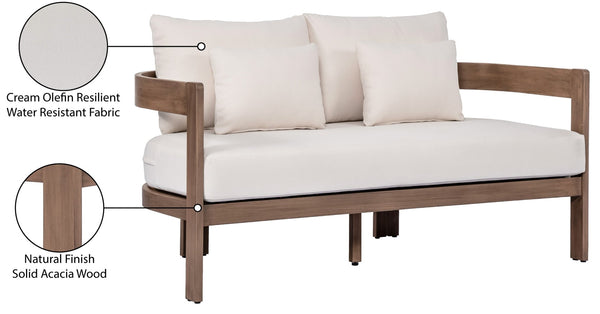 Meridian Furniture Newport Outdoor Loveseat Solid Acacia Wood Frame with Weather Resistant Fabric Cushion Seating Cream 396Cream-L