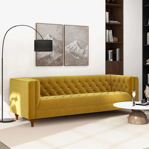 English Elm Ashcroft Furniture - Evelyn Mid Century Modern Yellow Velvet Luxury Chesterfield Sofa