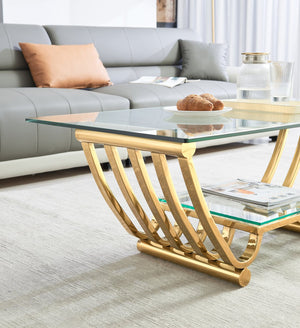 English Elm 47" Modern Rectangle Coffee Table With Double-Layer Glass Shelves, Stylish Gold Frame & Storage Solution W2978S00013