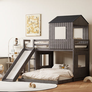 English Elm Wooden Twin Over Full Bunk Bed Farmhouse Playhouse Slide Pinewood Kids Loft LT000328AAE