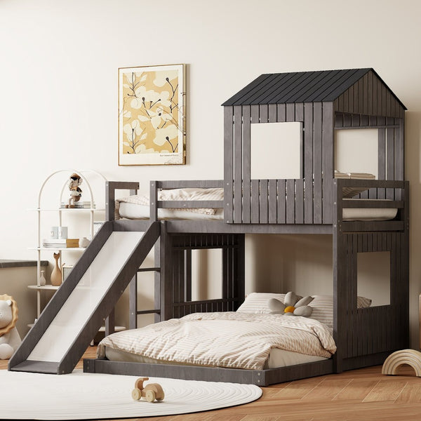 English Elm Wooden Twin Over Full Bunk Bed Farmhouse Playhouse Slide Pinewood Kids Loft LT000328AAE