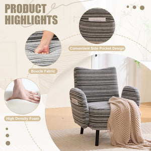 English Elm Modern Bouclé Armchair with High-Density Foam, Side Pocket & Solid Wood Legs for Cozy Reading Spots Dark Gray W395P376572