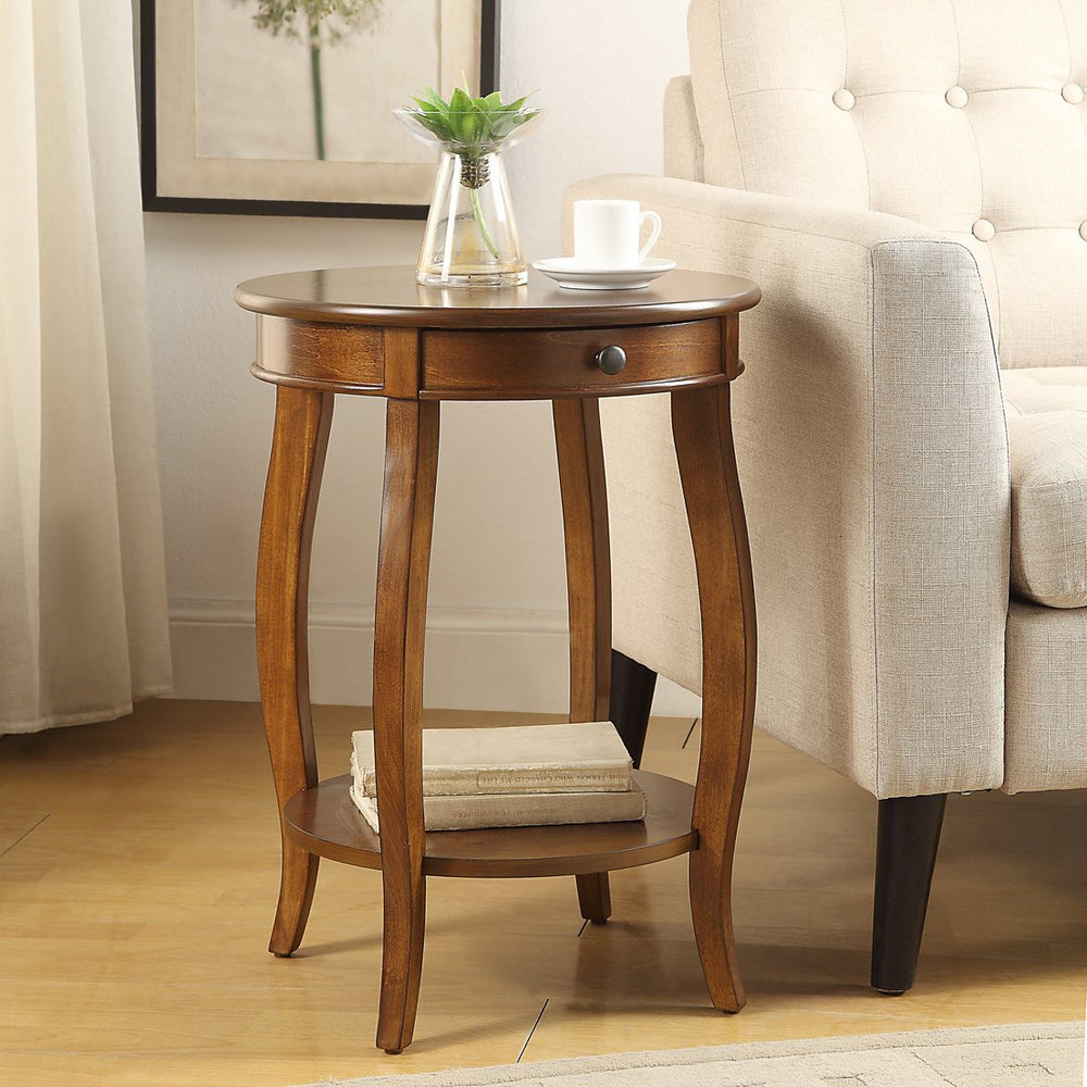 English Elm Walnut Round End Table with Drawer & Shelf, Solid Wood Cabriole Legs, Elegant Storage Accent (97) B062P181371
