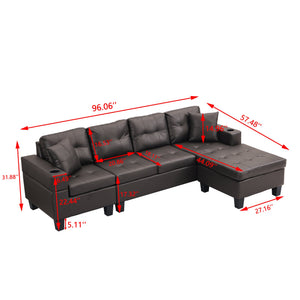 English Elm Sectional PU Sofa Set with L-Chaise, Built-In Cup Holders, Thick Foam Cushions, Modern 4-Seater Comfort Dark Brown 57.87 L x 28.35 W x 12.99 H W2297S00004