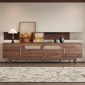 English Elm 76" Modern Chic TV Stand for Up to 85" TVs — Rattan Accents, Solid Wood Legs, Soft-Close Doors & Drawers N710P339467P