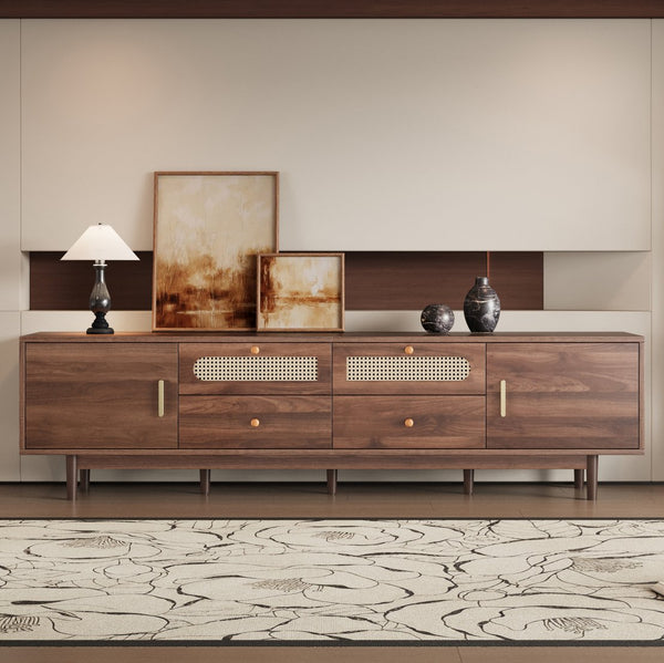 English Elm 76" Modern Chic TV Stand for Up to 85" TVs — Rattan Accents, Solid Wood Legs, Soft-Close Doors & Drawers N710P339467P