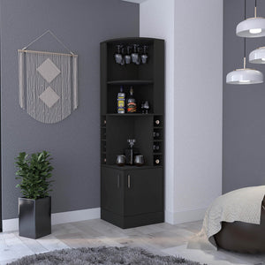 English Elm Corner Bar Cabinet with Ten Built-In Wine Slots, Cup Rack & Spacious Top Shelf for Entertaining Black 46.46 L x 22.44 W x 4.33 H B097S00186