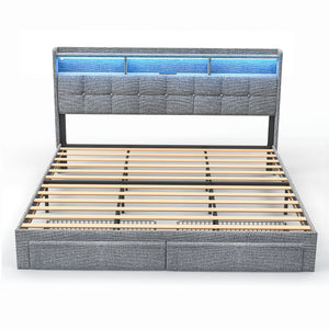 English Elm King LED Upholstered Bed Frame with Storage Headboard, 2 Drawers, Fast Charging Ports & Mood Lights W1550P190366