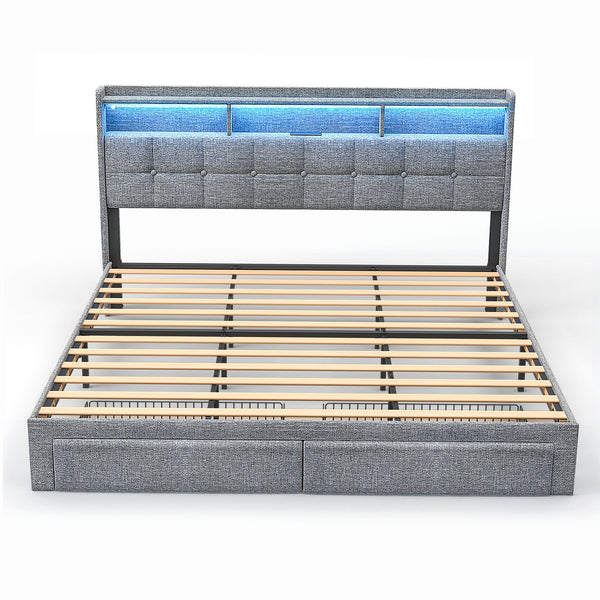 English Elm King LED Upholstered Bed Frame with Storage Headboard, 2 Drawers, Fast Charging Ports & Mood Lights W1550P190366