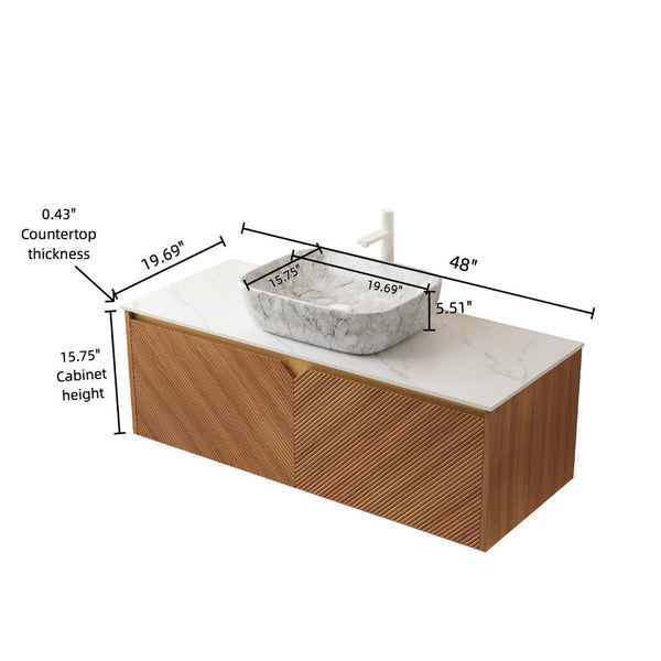 English Elm Ruben 48" Floating Bathroom Vanity & Sink - Modern Brown Oak Plywood Cabinet With Marble Vessel Basin W2615S00327-GIGA