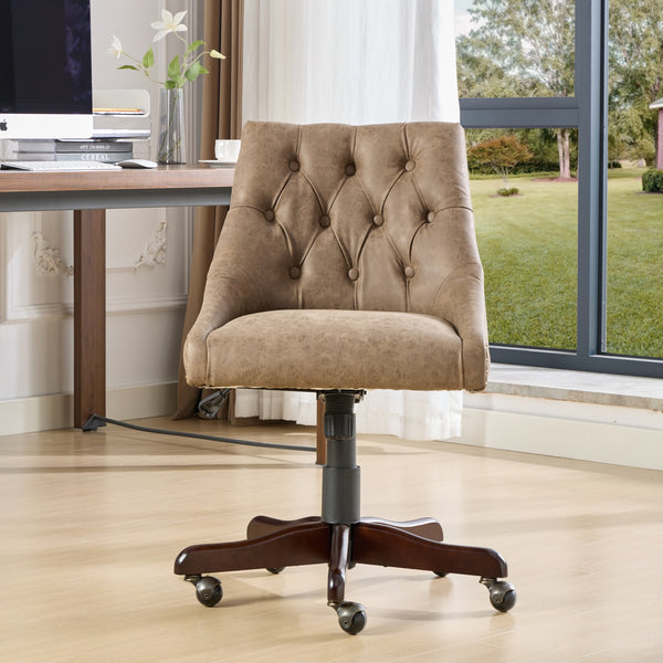 English Elm A&A Handcrafted Sheepskin-Pattern Office Chair with High-Rebound Foam, Solid Wood & Steel Legs, Retro Brown W1143P202750