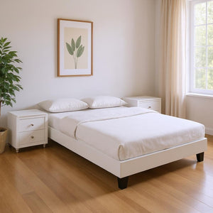 HomeRoots Black Wood and Linen Bed Frame – Chic, Sturdy Design with Elegant Upholstery for Modern Bedrooms White Queen 397011