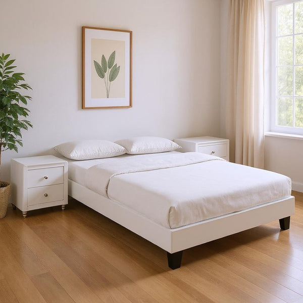HomeRoots Black Wood and Linen Bed Frame – Chic, Sturdy Design with Elegant Upholstery for Modern Bedrooms White Queen 397011