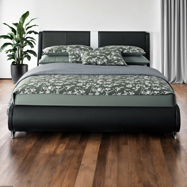 HomeRoots White Faux Leather Upholstered Bed Frame - Modern Design with Rectangular Headboard for Comfort Black Queen 397015