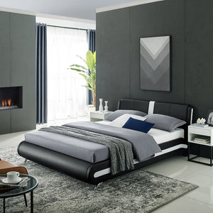 HomeRoots White Faux Leather Upholstered Bed Frame - Modern Design with Rectangular Headboard for Comfort Black Queen 397015