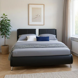 HomeRoots White Faux Leather Upholstered Bed Frame - Modern Design with Rectangular Headboard for Comfort Black KING 397016
