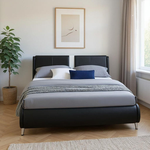 HomeRoots White Faux Leather Upholstered Bed Frame - Modern Design with Rectangular Headboard for Comfort Black KING 397016