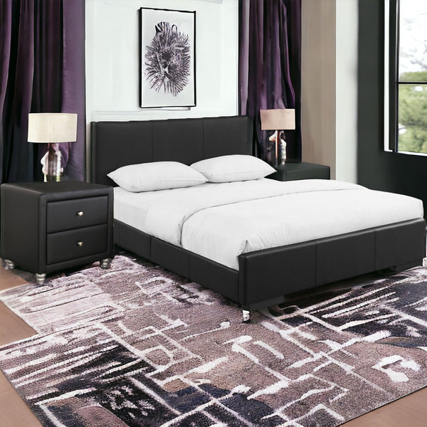 Homeroots Black Solid And Manufactured Wood Full Upholstered Faux Leather Bed Frame Black Wood 397048