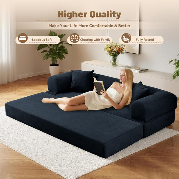 English Elm Convertible Corduroy Sleeper Sofa Queen Fold Out Bed with Dual Storage Pockets Dark Blue W3396P483184