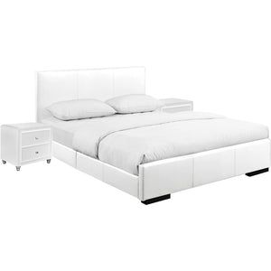 Homeroots White Upholstered Platform King Bed With Two Nightstands White Wood 397064