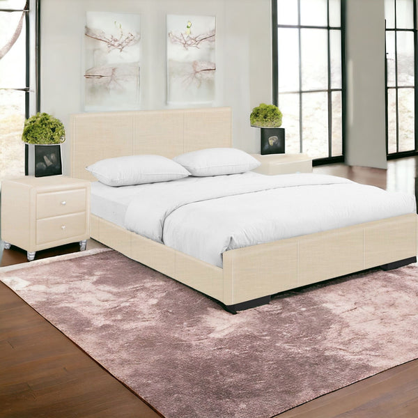 Homeroots Beige Wood And Faux Leather Full Bed Frame Beige Wood 397066