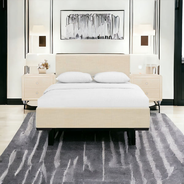 Homeroots Beige Wood And Faux Leather Queen Bed Frame Beige Solid Manufactured Wood 397067