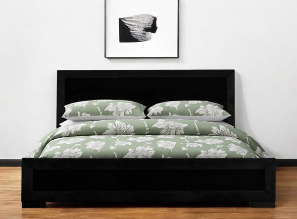 HomeRoots Black Wood Platform Bed Frame with Elegant Inlaid Panels and Sturdy Slat Support for Mattress Longevity Black Queen 397073