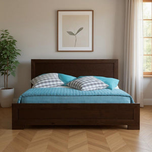 HomeRoots Black Wood Platform Bed Frame with Elegant Inlaid Panels and Sturdy Slat Support for Mattress Longevity Espresso KING 397094