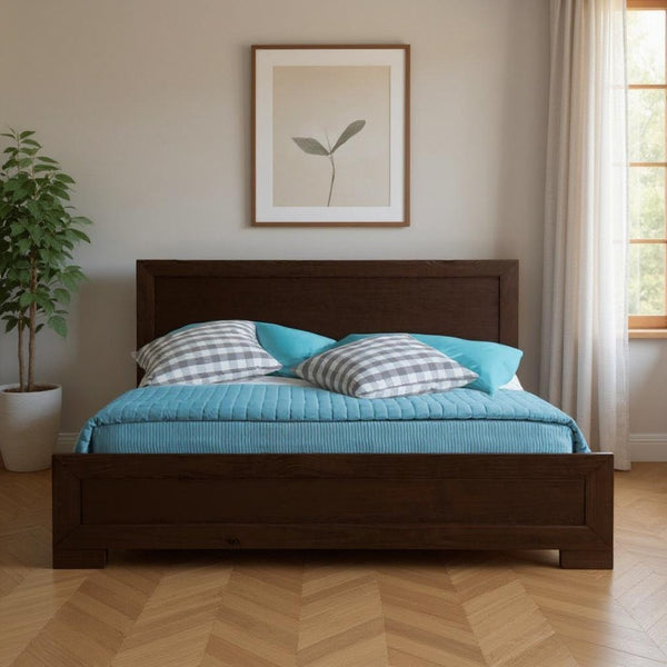 HomeRoots Black Wood Platform Bed Frame with Elegant Inlaid Panels and Sturdy Slat Support for Mattress Longevity Espresso KING 397094