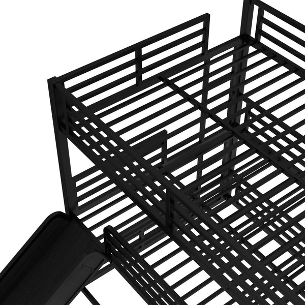 English Elm Queen Metal Triple Bunk Bed With Slide - Space-Saving, Heavy-Duty Design, Safety Guardrails In Black W1580S00172-GIGA